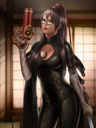 Rule 34 | 1girl, amulet, audia pahlevi, bayonetta, bayonetta (series), between breasts, black-framed eyewear, black hair, blurry, bodysuit, breasts, buckle, catsuit, ceiling, chromatic aberration, cleavage, cleavage cutout, clothing cutout, contrapposto, cowboy shot, depth of field, dragon print, dual wielding, earrings, elbow gloves, finger on trigger, glasses, gloves, gun, hair ribbon, handgun, high ponytail, highres, holding, holding gun, holding sword, holding weapon, indoors, jewelry, katana, lipstick, long hair, looking at viewer, makeup, mascara, mole, mole under mouth, nose, parted lips, realistic, red lips, ribbon, sega, shouji, sliding doors, solo, standing, sword, trigger discipline, turtleneck, very long hair, weapon, white gloves