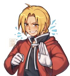 Rule 34 | 1boy, artist name, ayat chan, blonde hair, braid, braided ponytail, coat, commentary, edward elric, fullmetal alchemist, gloves, highres, hood, hooded coat, looking at viewer, male focus, parted bangs, red coat, simple background, smile, solo, upper body, white background, white gloves, yellow eyes