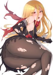 Rule 34 | 1girl, absurdres, ass, black gloves, black pantyhose, blonde hair, blush, breasts, commission, elbow gloves, evileye (overlord), fang, gloves, hair between eyes, highres, long hair, looking at viewer, overlord (maruyama), panties, panties under pantyhose, pantyhose, pixiv commission, red eyes, red scarf, ruberule, scarf, sideboob, simple background, small breasts, solo, torn clothes, torn pantyhose, transparent background, underwear