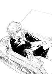 Rule 34 | 1boy, barefoot, closed mouth, couch, from above, from behind, gintama, greyscale, hadanugi dousa, highres, japanese clothes, kimono, looking at viewer, looking back, male focus, monochrome, on couch, open clothes, open kimono, pants, profile, sakata gintoki, shirt, short sleeves, simple background, sitting, soles, solo, table, uraki (tetsu420), white background