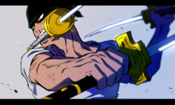Rule 34 | 1boy, bandana, fighting stance, foreshortening, from side, green hair, holding, holding sword, holding weapon, katana, letterboxed, male focus, mouth hold, one piece, roronoa zoro, shirt, short hair, sideburns, solo, sword, taro (honyarara00), triple wielding, veins, weapon, white shirt, yellow eyes