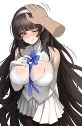 Rule 34 | 1girl, bad id, bad pixiv id, between breasts, black hair, black pantyhose, blunt bangs, blush, breasts, disembodied limb, fingerless gloves, girls&#039; frontline, gloves, hairband, hand on another&#039;s head, headpat, highres, large breasts, long hair, one eye closed, p-gnesium, pantyhose, shirt, skirt, sleeveless, sleeveless shirt, smile, type 95 (girls&#039; frontline), very long hair, white gloves, white hairband, white shirt, white skirt, yellow eyes