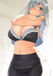Rule 34 | 10s, 1girl, aqua eyes, b-ginga, black bra, black panties, blush, bra, breasts, cleavage, clothes lift, crotch seam, curvy, hair ornament, hairclip, hamakaze (kancolle), kantai collection, large breasts, long hair, looking at viewer, looking down, midriff, navel, panties, panties under pantyhose, pantyhose, shirt lift, silver hair, skindentation, skirt, solo, sweat, underwear, wavy mouth, wide hips