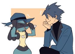 Rule 34 | 1boy, :d, black pants, black shirt, blue headwear, blue jacket, blush, closed eyes, closed mouth, clothed pokemon, commentary request, creatures (company), fang, game freak, gen 4 pokemon, hand up, hat, head rest, jacket, jaho, long sleeves, lucario, male focus, nintendo, notice lines, open mouth, pants, pokemon, pokemon (creature), pokemon dppt, riley (pokemon), shirt, short hair, smile, spiked hair, tongue