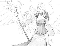Rule 34 | 1girl, absurdres, angel, angel wings, armor, avacyn, angel of hope, collar, corset, feathered wings, floating hair, greyscale, highres, holding, holding weapon, huge filesize, lance, less, long hair, long skirt, long sleeves, looking at viewer, magic: the gathering, monochrome, no bra, no pupils, pauldrons, polearm, shoulder armor, signature, simple background, skirt, solo, standing, weapon, white background, wings