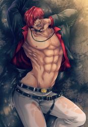 Rule 34 | 1boy, abs, belt, biting, blouse, finger biting, hair over one eye, highres, jacket, male focus, miru (mill 36), nipples, open clothes, open shirt, pectorals, red hair, red shirt, see-through, shirt, solo, the king of fighters, thighs, wet, wet clothes, yagami iori