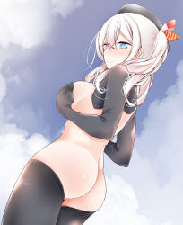 Rule 34 | 1girl, @ @, ass, back, beret, black gloves, black hat, black thighhighs, blue eyes, blue sky, blush, breasts, closed mouth, cloud, covering breasts, covering privates, day, elbow gloves, from behind, frown, gloves, hat, highres, kantai collection, kashima (kancolle), long hair, looking at viewer, looking back, medium breasts, nude, oouso, outdoors, reverse outfit, reverse school swimsuit, reverse swimsuit, seamed legwear, side-seamed legwear, sideboob, silver hair, sky, solo, sweat, thighhighs, twintails, wavy mouth