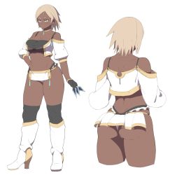 Rule 34 | 1girl, accio, ass, bad id, bad pixiv id, bare shoulders, black thighhighs, blonde hair, boots, breasts, character request, character sheet, cleavage, dark skin, earrings, eyebrows, from behind, gloves, hand on own hip, jewelry, large breasts, loincloth, multiple views, navel, necklace, panties, pixiv fantasia, pixiv fantasia fallen kings, short hair, simple background, slit pupils, standing, thick thighs, thighhighs, thighs, turnaround, underwear, weapon, white background, white panties, yellow eyes