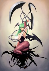 Rule 34 | 1girl, alxndr-art, animal print, arm up, armpits, bat (animal), bat print, bat wings, blade, boots, bridal gauntlets, capcom, chain, demon girl, green hair, head wings, high heels, highres, lips, lipstick, looking at viewer, makeup, md5 mismatch, morrigan aensland, mouth hold, pantyhose, patterned legwear, print pantyhose, resized, resolution mismatch, shoes, sitting, solo, source larger, vampire (game), wings