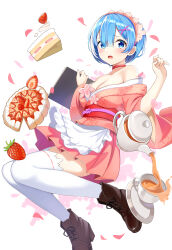 Rule 34 | 1girl, absurdres, alternate costume, apron, bare shoulders, blue hair, blush, breasts, cake, cleavage, cup, floral print, food, fruit, full body, hair ornament, hands up, hari83421, highres, holding, japanese clothes, kimono, large breasts, looking at viewer, maid, maid apron, obi, off shoulder, open mouth, petals, pink kimono, re:zero kara hajimeru isekai seikatsu, rem (re:zero), sash, shoes, short hair, solo, strawberry, strawberry shortcake, tea, teacup, teapot, tears, thighhighs, white apron, white background, white thighhighs, wide sleeves, x hair ornament