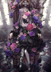 Rule 34 | 1girl, black bow, black bowtie, black dress, bow, bowtie, checkered floor, crossed legs, dress, flower, gothic lolita, grey hair, highres, lolita fashion, long hair, looking at viewer, missile228, original, overgrown, pink flower, purple flower, sitting, solo, too many flowers, very long hair