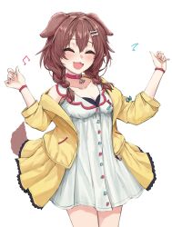 Rule 34 | 1girl, :3, :d, animal ears, bag (chrko bag), blush, bone hair ornament, bracelet, braid, breasts, brown hair, cleavage, closed eyes, collar, collarbone, commentary, cowboy shot, dog ears, dog tail, double-parted bangs, dress, fang, hair between eyes, hair ornament, hair over shoulder, hands up, highres, hololive, inugami korone, inugami korone (1st costume), jacket, jewelry, long hair, medium breasts, musical note, open mouth, red collar, simple background, single off shoulder, sleeveless, sleeveless dress, smile, solo, tail, twin braids, virtual youtuber, white background, white dress, yellow jacket