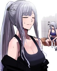 Rule 34 | 2girls, ak-12 (girls&#039; frontline), ak-15 (girls&#039; frontline), alternate costume, bike shorts, black jacket, black shorts, black sports bra, blue sports bra, braid, breasts, cleavage, closed eyes, closed mouth, clothes pull, collarbone, french braid, girls&#039; frontline, grey hair, gwangvt, hair over one eye, hair ribbon, highres, holding, holding towel, jacket, jacket pull, lips, long hair, looking at another, medium breasts, multiple girls, ponytail, purple eyes, ribbon, shorts, sidelocks, simple background, sitting, sports bra, sportswear, standing, sweat, towel, track jacket, upper body