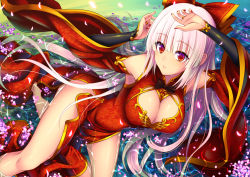 Rule 34 | 1girl, alternate costume, armpits, bare shoulders, barefoot, blonde hair, blush, bow, breasts, china dress, chinese clothes, cleavage, cleavage cutout, clothing cutout, commentary request, detached sleeves, dress, fujiwara no mokou, hair bow, hijikawa arashi, large breasts, long hair, long sleeves, looking at viewer, orange dress, parted lips, partially submerged, pelvic curtain, petals, red bow, red eyes, solo, touhou, very long hair, wide sleeves