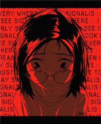 Rule 34 | 1girl, animification, artist name, artist self-insert, closed mouth, collarbone, commentary, english text, film grain, glasses, highres, looking at viewer, medium hair, monochrome, niio (niiochi), niio (niiochi) (person), original, red theme, shirt, signalis, solo, sweatdrop, symbol-only commentary, upper body, wide-eyed