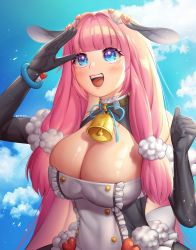 Rule 34 | 1girl, :d, apron, azur lane, back bow, bare shoulders, bell, black dress, black gloves, blue eyes, blue sky, blunt bangs, blush, bow, bracelet, breasts, buttons, center frills, cleavage, cleavage cutout, clenched hand, clothing cutout, cloud, collar, collarbone, commentary request, day, dress, elbow gloves, frills, fur-trimmed gloves, fur trim, gloves, hair intakes, hair ornament, hand up, highres, jewelry, koufukutei yumeko, large breasts, long hair, looking up, neck bell, neck ribbon, open mouth, pink hair, ribbon, shiny skin, sidelocks, sky, sleeveless, sleeveless dress, smile, solo, standing, suffolk (azur lane), teeth, twitter username, upper body, upper teeth only