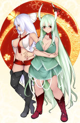 Rule 34 | 2girls, aoshima, armpit peek, bare shoulders, between breasts, boots, breast hold, breasts, cleavage, commentary request, dress, covered erect nipples, eyeliner, floral background, fujiwara no mokou, full body, green hair, green nails, groin, hair ribbon, hand on own hip, highres, horns, kamishirasawa keine, large breasts, long hair, makeup, micro shorts, multiple girls, nail polish, navel, necktie, necktie between breasts, open clothes, open fly, parted lips, red eyes, revealing clothes, ribbon, scarf, shorts, sideboob, standing, thigh boots, thighhighs, touhou, very long hair, white hair