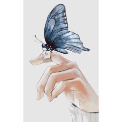 Rule 34 | animal focus, artist name, bandaid, bandaid on hand, blue butterfly, bug, butterfly, butterfly on hand, cognacbear, fingernails, grey background, hand focus, highres, insect, original, simple background, sweater, white sweater