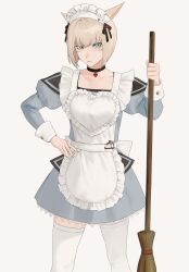 Rule 34 | 1girl, animal ears, apron, aqua eyes, black choker, blonde hair, blue dress, blunt bangs, bob cut, broom, cat ears, choker, collarbone, commentary, cowboy shot, dress, facial mark, final fantasy, final fantasy xiv, frilled apron, frills, frown, hand on own hip, highres, holding, holding broom, juliet sleeves, lace, lace-trimmed dress, lace trim, legs apart, long sleeves, looking at viewer, maid, maid apron, maid headdress, miqo&#039;te, nozouko, puffy sleeves, short hair, simple background, slit pupils, solo, standing, thighhighs, warrior of light (ff14), white apron, white background, white headdress, white thighhighs