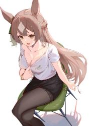 Rule 34 | 1girl, alternate costume, animal ears, arm at side, backlighting, black skirt, blouse, bracelet, breasts, brown hair, brown pantyhose, chair, cleavage, clothes pull, collared shirt, crossed legs, feet out of frame, half updo, highres, horse ears, jewelry, kyuu (chiu850513), large breasts, long hair, name tag, open mouth, pantyhose, pencil skirt, safety pin, satono diamond (umamusume), shirt, shirt pull, short sleeves, sitting, skirt, smile, solo, sweat, umamusume, white shirt, yellow eyes