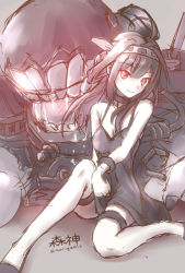 Rule 34 | 10s, 1girl, abyssal ship, ahoge, alternate costume, battleship hime (cosplay), battleship princess, black dress, bracelet, cannon, cosplay, dark persona, dress, drooling, headgear, jewelry, kantai collection, kongou (kancolle), long hair, looking at viewer, machinery, morigami (morigami no yashiro), pale skin, red eyes, short dress, sketch, smile, thighhighs, turret, twitter username