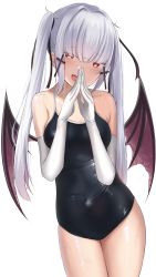 Rule 34 | 1girl, :d, absurdres, bare shoulders, bat wings, blunt bangs, blush, breasts, collarbone, commentary request, competition school swimsuit, contrapposto, cowboy shot, demon wings, doyachii, elbow gloves, fang, gloves, hair ribbon, hands up, highres, jewelry, long hair, looking at viewer, low wings, medium breasts, one-piece swimsuit, open mouth, original, ribbon, school swimsuit, shiny clothes, simple background, skindentation, smile, solo, swimsuit, twintails, white background, white gloves, wings