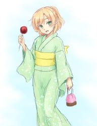 Rule 34 | 1girl, alternate costume, blonde hair, blush, candy apple, commentary request, feet out of frame, food, green eyes, green kimono, half updo, holding, holding food, isaki (gomi), japanese clothes, kimono, looking at viewer, medium hair, mizuhashi parsee, obi, open mouth, pointy ears, ponytail, sash, short ponytail, smile, solo, touhou, yellow sash, yukata