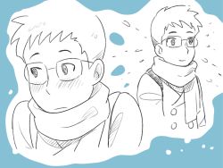 Rule 34 | 10s, 1boy, aqua theme, blue background, blue theme, blush, coat, expressions, extra, glasses, glasses boy (osomatsu-san), greyscale with colored background, kayoko (panchlora), looking away, male focus, monochrome, osomatsu-san, osomatsu (series), scarf, simple background, sketch, smile, solo, spiked hair, upper body, winter clothes