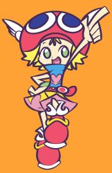 Rule 34 | 1girl, amitie (puyopuyo), arm up, belt, blonde hair, blue shirt, bracelet, female focus, flat chest, full body, green eyes, hand on own hip, happy, heart, heart in mouth, jaggy lines, jewelry, leg up, looking to the side, mini wings, official style, open mouth, orange background, outstretched arm, pink shorts, pointing, pointing up, puyopuyo, red footwear, red headwear, shirt, shoes, short hair, short shorts, shorts, sidelocks, simple background, sleeveless, sleeveless shirt, smile, solo, standing, standing on one leg, straight-on, vilepluff, white wings, winged hat, wings