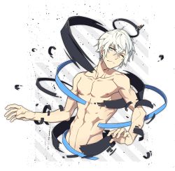 Rule 34 | 1boy, abs, arknights, blue eyes, collarbone, executor (arknights), hair between eyes, male focus, nipples, one eye closed, patient zero, solo, toned, toned male, topless male, white background, white hair