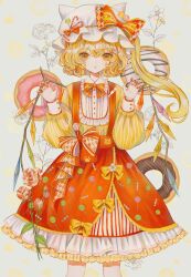 Rule 34 | 1girl, alternate costume, blonde hair, bow, buttons, candy, claw pose, crystal, doughnut, feet out of frame, fingernails, flandre scarlet, flower, food, food print, frills, hair between eyes, hat, highres, hourai kiriri, lolita fashion, lollipop, long fingernails, long hair, long sleeves, looking at viewer, mob cap, nail polish, open mouth, paw print, pink flower, puffy sleeves, red eyes, red nails, red skirt, sharp fingernails, side ponytail, skirt, solo, striped, suspender skirt, suspenders, sweet lolita, touhou, vertical stripes, white hat, wings