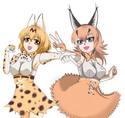 Rule 34 | 10s, 2girls, :d, animal ears, belt, blonde hair, blue eyes, bow, bowtie, brown gloves, brown hair, brown neckwear, brown skirt, caracal (kemono friends), cross-laced clothes, elbow gloves, extra ears, gloves, hair between eyes, hand up, high-waist skirt, impossible clothes, impossible shirt, kemono friends, long hair, multiple girls, open mouth, outstretched arm, print gloves, print neckwear, print skirt, saijouji reika, serval (kemono friends), serval print, shirt, simple background, skirt, sleeveless, sleeveless shirt, smile, spotted hair, v, white background, white belt, white gloves, yellow eyes, yellow gloves, yellow neckwear, yellow skirt