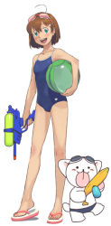 Rule 34 | 1girl, 1other, :p, ahoge, animal, aqua eyes, ball, banana, beachball, blue male swimwear, blue one-piece swimsuit, blue school swimsuit, blue swim briefs, blush, brown hair, collarbone, competition school swimsuit, eyewear on head, flip-flops, food, fruit, full body, goggles, goggles on head, green eyes, holding, holding ball, holding beachball, ishikawa hideki, legs, looking at viewer, male swimwear, one-piece swimsuit, open mouth, original, sandals, school swimsuit, short hair, simple background, solo, source request, swim briefs, swimsuit, teeth, tongue, tongue out, upper teeth only, water gun, watermelon beachball, white background