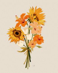 Rule 34 | bouquet, commentary, english commentary, flower, grey background, hibiscus, highres, leaf, libbyframe, no humans, orange flower, original, plant, signature, simple background, still life, sunflower, tulip, white flower, white tulip, yellow flower