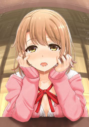 Rule 34 | 10s, 1girl, blush, breasts, brown eyes, brown hair, cardigan, collarbone, drooling, elbow rest, eyebrows, eyelashes, hair between eyes, highres, inanaki shiki, indoors, isshiki iroha, light particles, long sleeves, looking at viewer, neck ribbon, open cardigan, open clothes, open mouth, red ribbon, ribbon, saliva, shade, shirt, short hair, sleeves past wrists, small breasts, solo, tongue, unbuttoned, unbuttoned shirt, upper body, white shirt, yahari ore no seishun lovecome wa machigatteiru., yellow eyes