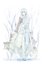 Rule 34 | 1boy, animal, blue eyes, blue hair, branch, buttons, coat, collared shirt, full body, fur, fur trim, kaito (vocaloid), long coat, male focus, matching hair/eyes, nature, necktie, outdoors, pale color, pale skin, plant, project diva (series), shirt, short hair, sinaooo, smile, snow, snowflakes, solo, tree, vocaloid, white background, winter, winter clothes, winter coat, wolf