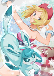 Rule 34 | 1girl, arm up, blonde hair, blue eyes, bracelet, breasts, closed mouth, collar, commentary request, creatures (company), eyelashes, game freak, gen 4 pokemon, glaceon, hairband, hand up, irida (pokemon), jewelry, leg up, nintendo, pokemon, pokemon (creature), pokemon legends: arceus, red hairband, red shirt, shirt, short hair, smile, snowflakes, sumi wo hakuneko, twitter username