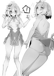 Rule 34 | !, 1girl, absurdres, antenna hair, ass, assisted exposure, clothes lift, clothes pull, commentary request, dress, dress lift, dress pull, flower, grabbing, grabbing another&#039;s breast, grabbing from behind, greyscale, hair between eyes, hair flower, hair ornament, highres, hxd, kokkoro (princess connect!), looking down, monochrome, multiple views, out of frame, panties, panty pull, pointy ears, princess connect!, pulling own clothes, pulling another&#039;s clothes, sleeveless, sleeveless dress, spoken exclamation mark, thighs, underwear