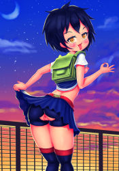 Rule 34 | 1girl, absurdres, blue hair, blue skirt, blue thighhighs, breasts, cleft of venus, clothes lift, cloud, cowboy shot, crotchless, feet out of frame, from behind, gesture request, highres, kiomaru1, lifting own clothes, looking at viewer, looking back, marvel, microskirt, outdoors, peni parker, pleated skirt, pussy, railing, school uniform, self exposure, shirt, shirt lift, short hair, short sleeves, skirt, skirt lift, sky, small breasts, solo, spider-man: into the spider-verse, spider-man (series), spider-verse, standing, star (sky), starry sky, sunset, thighhighs, thighs together, tongue, tongue out, twilight, uncensored, white shirt, yellow eyes