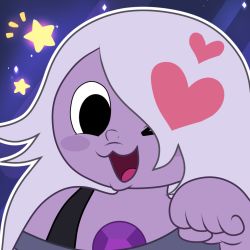 Rule 34 | &gt; o, 1girl, amethyst (steven universe), blush, blush stickers, bra strap, check commentary, colored skin, commentary request, flat color, gem, happy, heart, long hair, momo (artist), off shoulder, one eye closed, open mouth, paw pose, purple gemstone, purple skin, smile, solo, star (symbol), steven universe, toon (style), very long hair