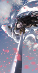 Rule 34 | 1girl, absurdres, black hair, blue sky, closed mouth, cloud, dynamic pose, expressionless, falling, falling petals, from below, haban (haban35), highres, long hair, long sleeves, looking at viewer, petals, return of the mount hua sect, sketch, sky, sword, weapon, white uniform, yu iseol (return of the mount hua sect)