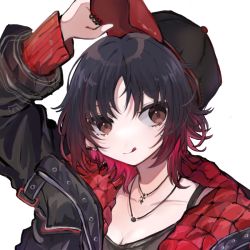Rule 34 | 1girl, baseball cap, black camisole, black hair, black jacket, breasts, brown eyes, camisole, cleavage, earrings, gradient hair, hat, holding, holding clothes, holding hat, iris black games, jacket, jewelry, kisaragi ren (vtuber), licking lips, multicolored hair, necklace, parore, red hair, short hair, smile, solo, tongue, tongue out, transparent background, virtual youtuber, vspo!