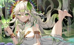 Rule 34 | 1girl, ahoge, barefoot, braid, breasts, chest tattoo, cleavage, crossed ankles, crystalfly (genshin impact), dress, floating hair, genshin impact, green eyes, hair ornament, highres, huiyuanaideknight, insect on finger, leaf, legs, long hair, looking at viewer, lying, medium breasts, pointy ears, ponytail, rainbow gradient, rukkhadevata (genshin impact), sidelocks, strapless, strapless dress, symbol-shaped pupils, tattoo, very long hair, white hair
