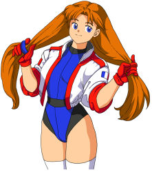 Rule 34 | 1girl, arms up, belt, blue eyes, blue leotard, brown hair, bunching hair, commentary request, cropped jacket, french flag, gloves, highres, jacket, leotard, long hair, namco, numan athletics, oggy (oggyoggy), red gloves, retro artstyle, sharon les halles, simple background, smile, solo, thighhighs, thighs, twintails, very long hair, white background, white jacket, white thighhighs