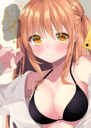 Rule 34 | 1girl, armpit peek, bare shoulders, bikini, black bikini, blush, breasts, cleavage, collarbone, commentary request, frown, halterneck, halterneck, hand up, highres, large breasts, long hair, looking at viewer, minato shachiko, off shoulder, one side up, open clothes, open shirt, orange eyes, orange hair, phone, sachiiro hanamizuki, sasahara wakaba, solo, swimsuit, thought bubble, translation request, upper body