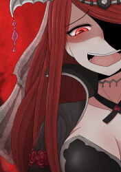 Rule 34 | 1girl, amamitsu9, bare shoulders, breasts, cleavage, corruption, dark persona, dress, evil smile, fire emblem, fire emblem engage, highres, large breasts, long hair, lumera (fire emblem), mature female, nintendo, open mouth, red eyes, red hair, simple background, smile, solo, tiara