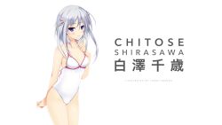 Rule 34 | 1girl, bare shoulders, blue eyes, blush, culture japan, hair ornament, hand on own chest, highres, iizuki tasuku, lips, long hair, looking at viewer, one-piece swimsuit, shirasawa chitose, silver hair, simple background, solo, swimsuit, white background