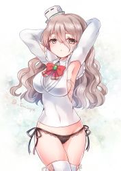 Rule 34 | 10s, 1girl, armpits, arms behind head, arms up, breasts, brown eyes, covered navel, emia wang, grey hair, kantai collection, long hair, looking at viewer, panties, parted lips, pola (kancolle), side-tie panties, sideboob, solo, thighhighs, underwear, wavy hair