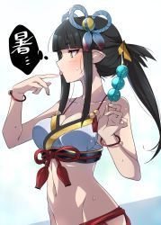 Rule 34 | 1girl, absurdres, alternate costume, bikini, bikini top only, black hair, breasts, dango, fewer digits, food, hair ornament, highres, hime cut, medium breasts, minoto, monster hunter (series), monster hunter rise, navel, pointy ears, ponytail, simple background, solo, swimsuit, tokiani, wagashi, white background