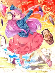 Rule 34 | 1girl, bubble skirt, dancing, expressionless, folding fan, hand fan, hata no kokoro, highres, long hair, long sleeves, looking at viewer, makuwauri, mask, mouth mask, oni mask, open mouth, pink eyes, pink hair, see-through, skirt, solo, touhou, very long hair